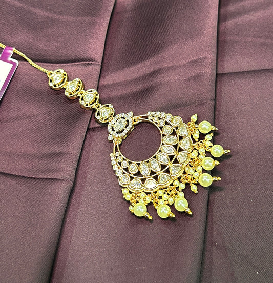 Crescent Kundan Maang Tikka with Pearls