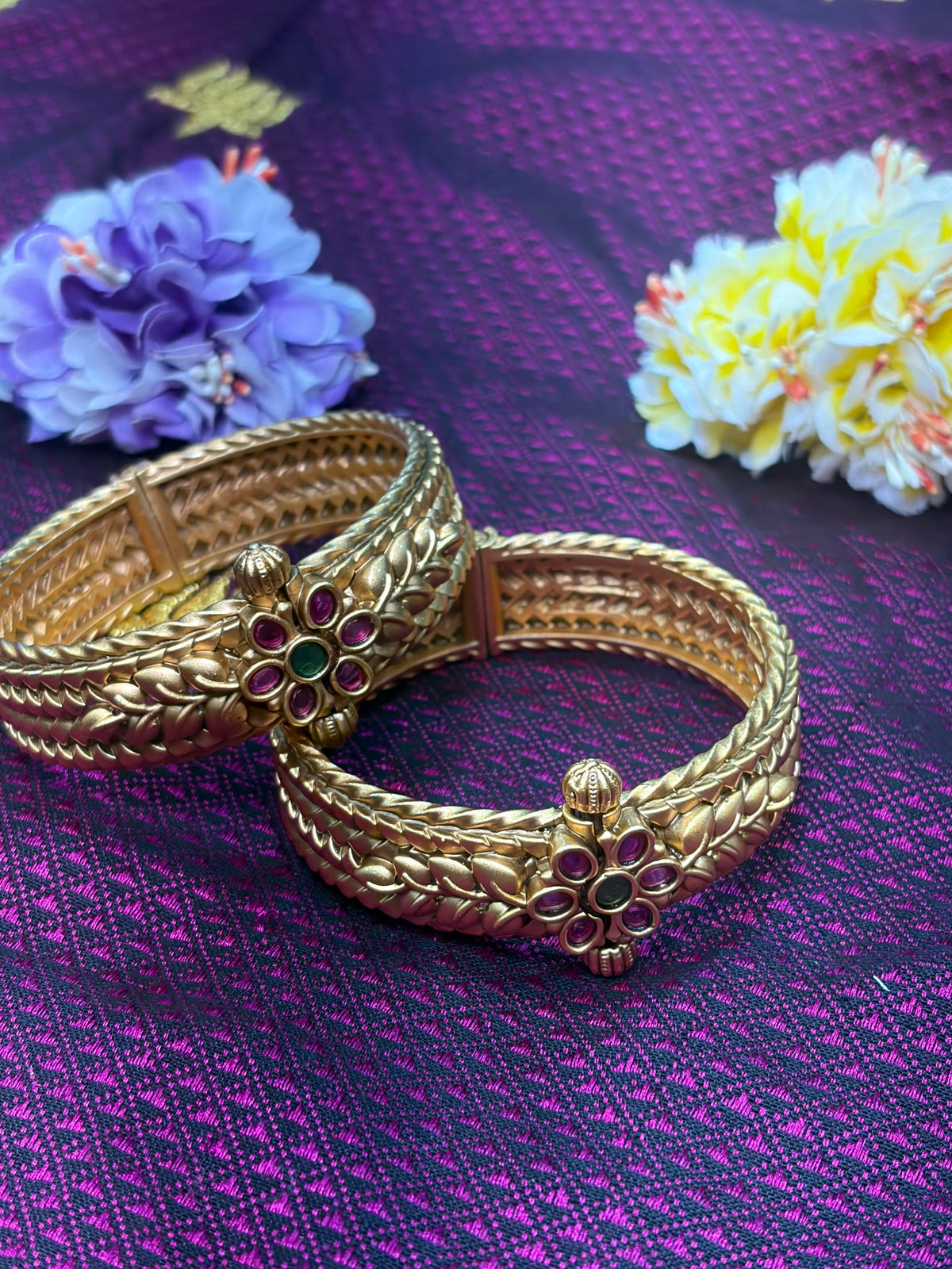 Traditional Antique Gold Finish Bangles with Ruby & Green Stone Floral Motifs
