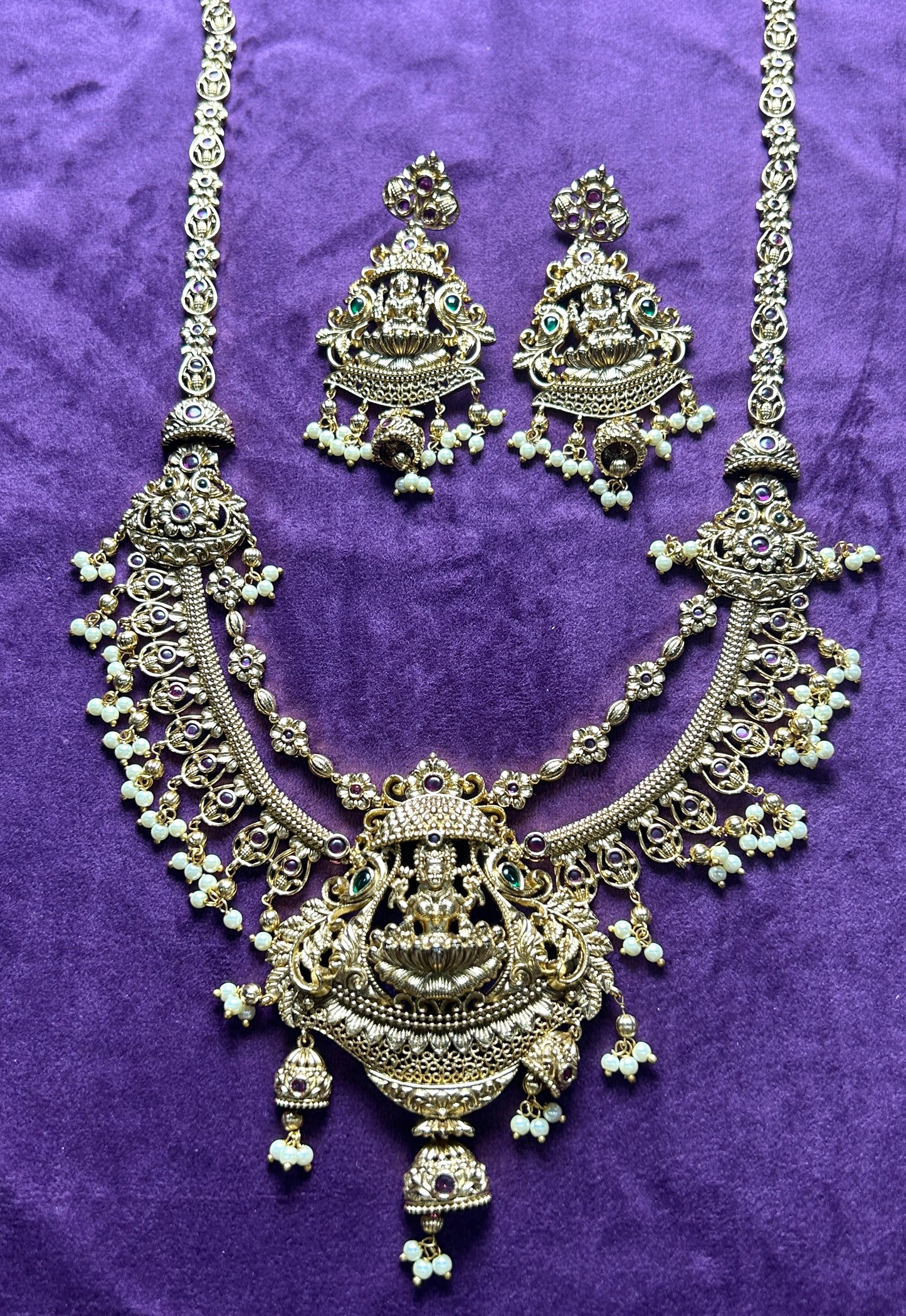 Antique Temple Jewellery Necklace Set with Goddess Lakshmi Motif