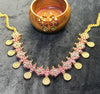 Floral Cluster Necklace Set with Lakshmi Drops – Pink & Green Stone Work