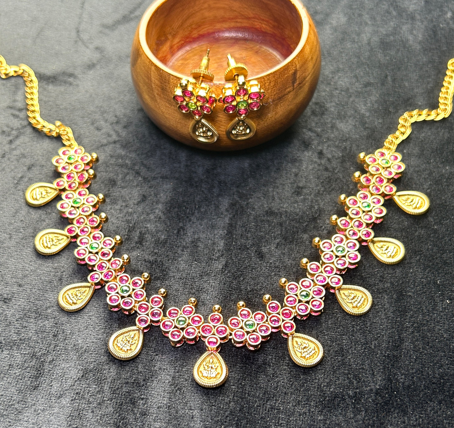 Floral Cluster Necklace Set with Lakshmi Drops – Pink & Green Stone Work
