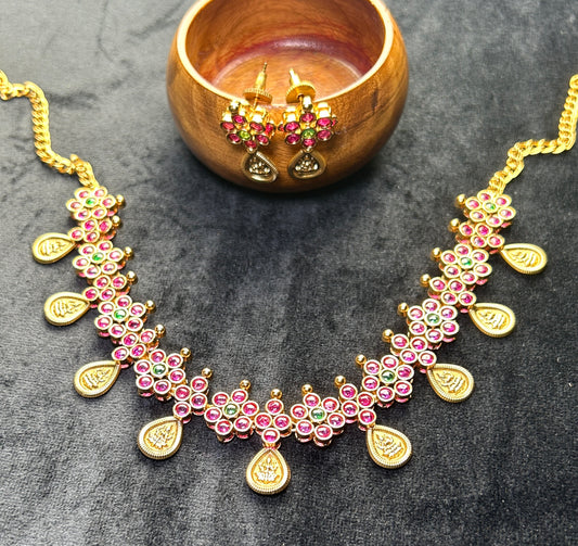 Floral Cluster Necklace Set with Lakshmi Drops – Pink & Green Stone Work