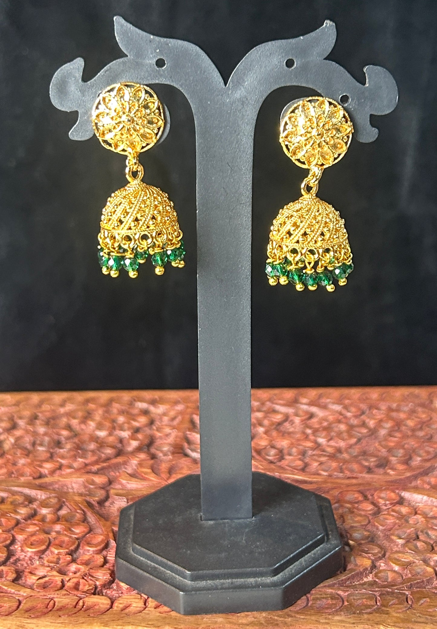 Emerald Glow Golden Jhumkas