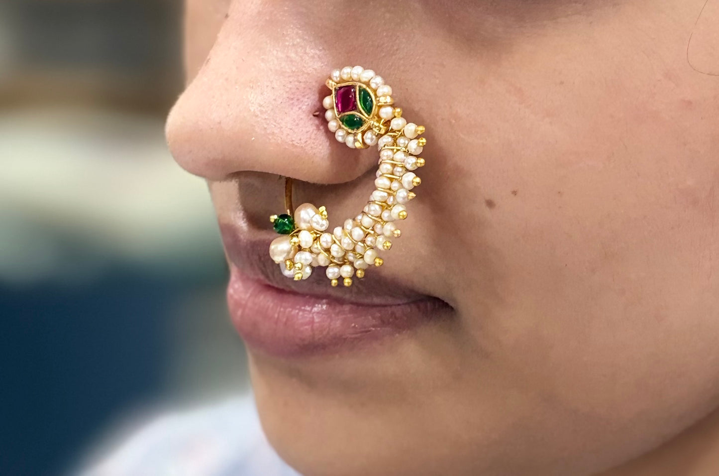Real Pearl & Ruby-Green Maharashtrian nath