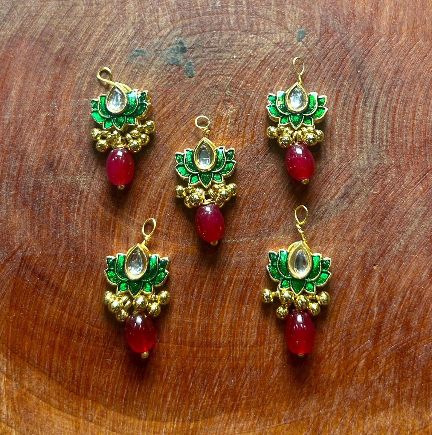 Green Lotus with Ruby Drop Hair Accessory – Kundan & Ghungroo Design
