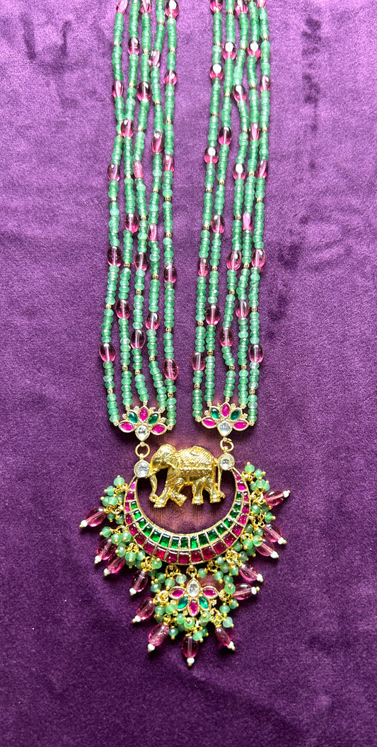 Elegant Multi-Strand Pachikundan Beaded Necklace with Elephant Pendant