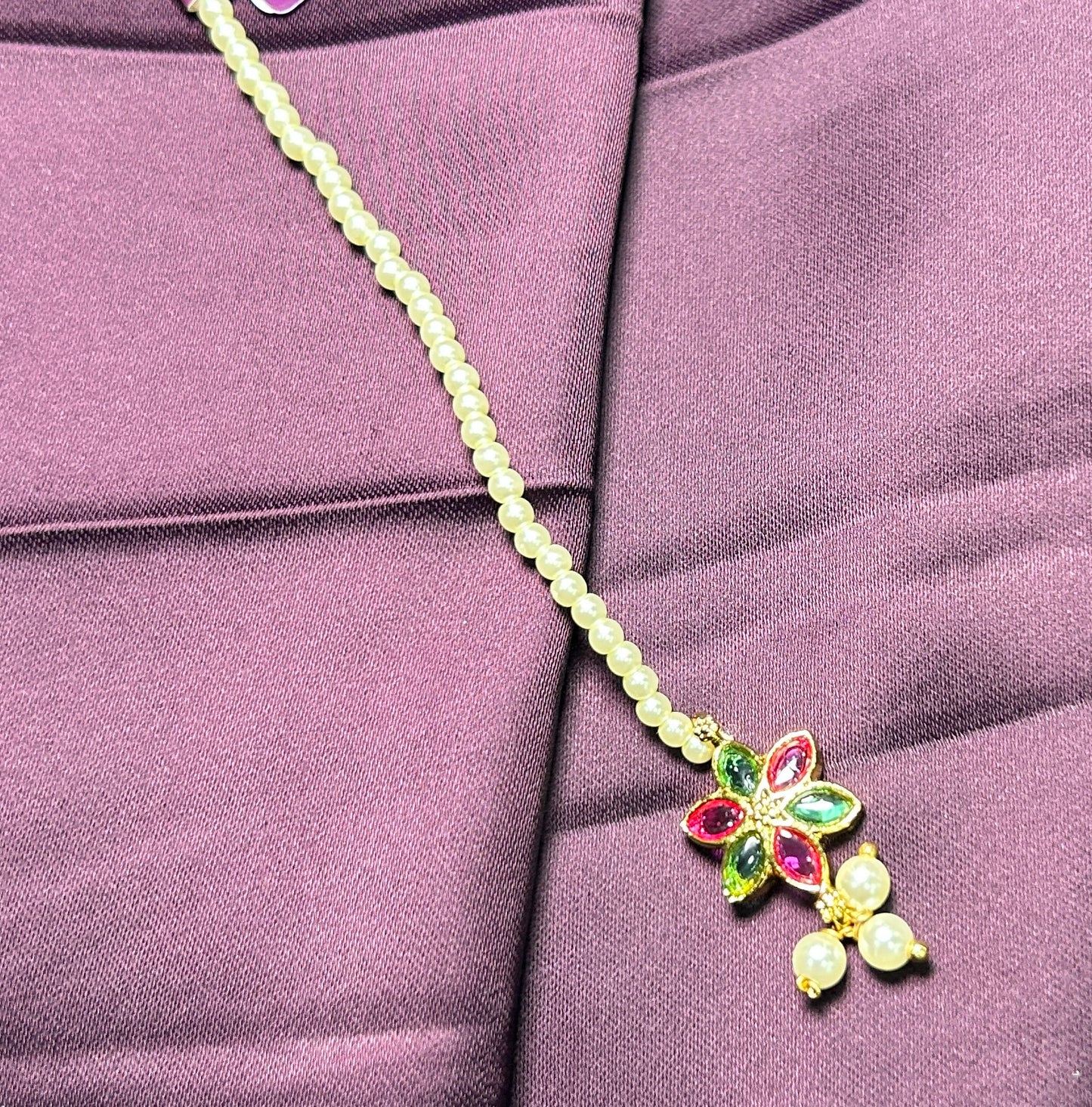 Floral Pearl Chain Maang Tikka with Multicolor Stones