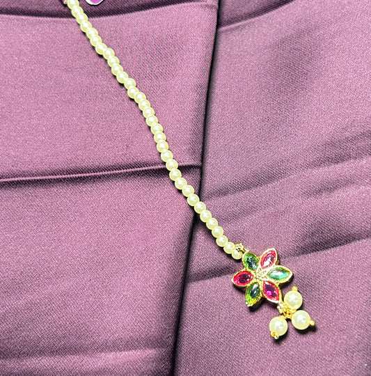 Floral Pearl Chain Maang Tikka with Multicolor Stones