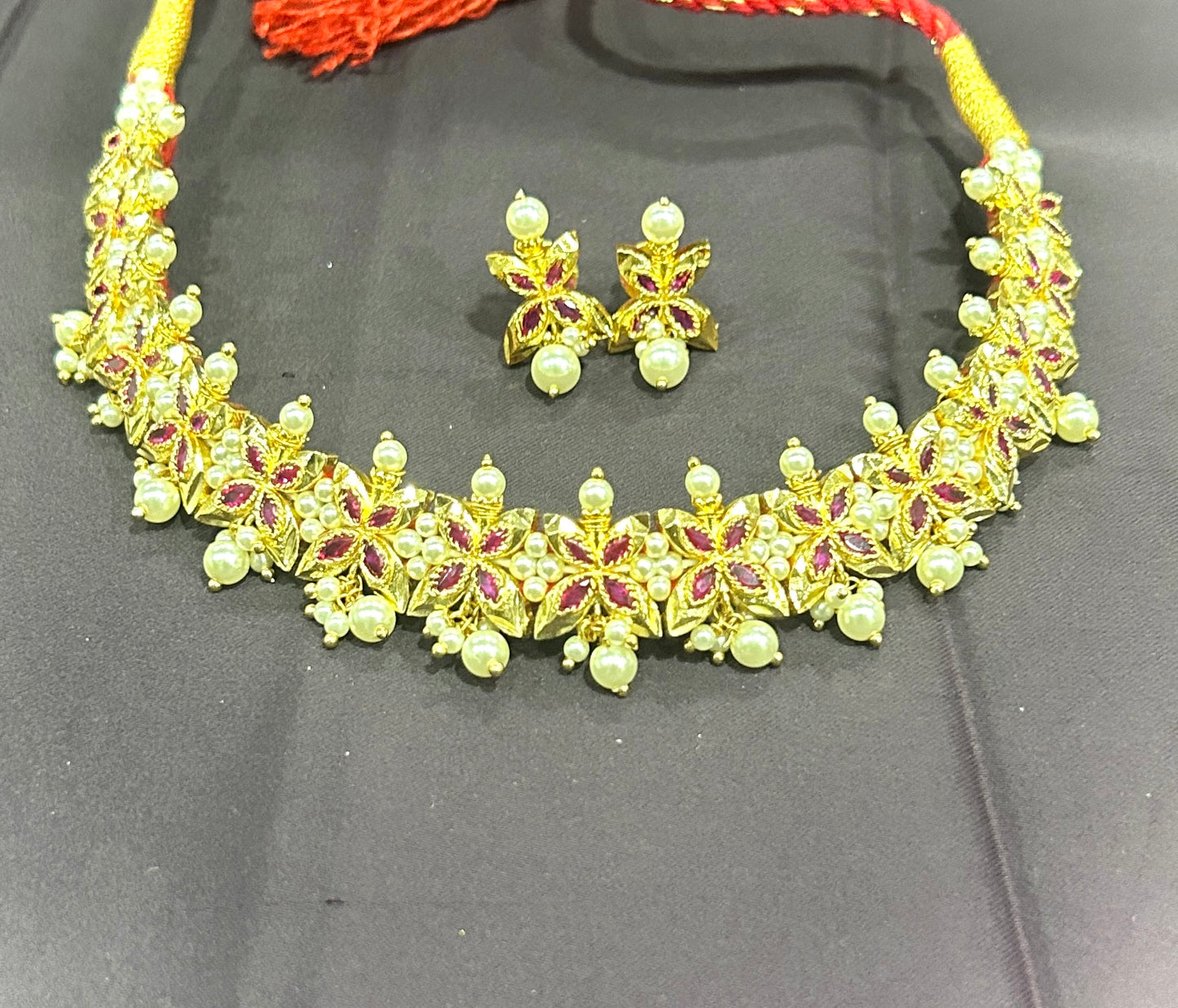 Ruby & Pearl Floral Choker Set