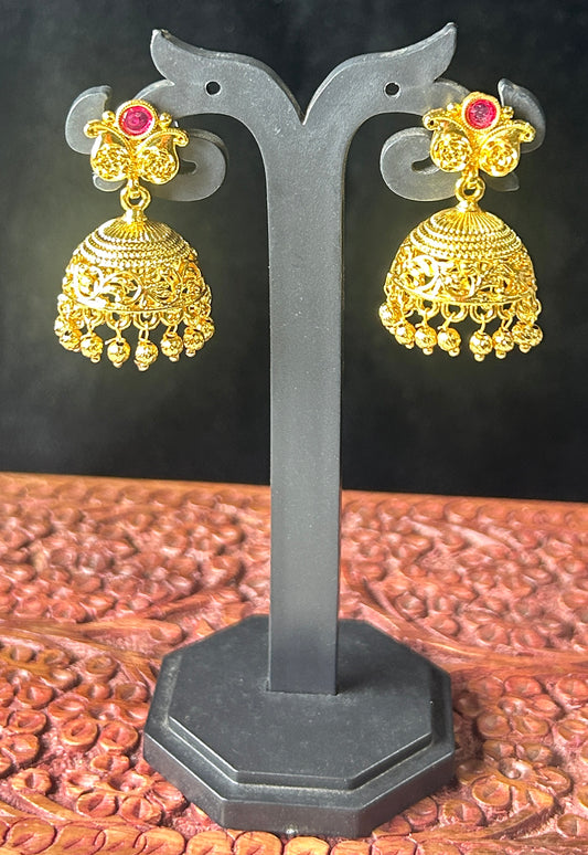Classic Gold Jhumkas with Butterfly Stud & Red Stone Accent