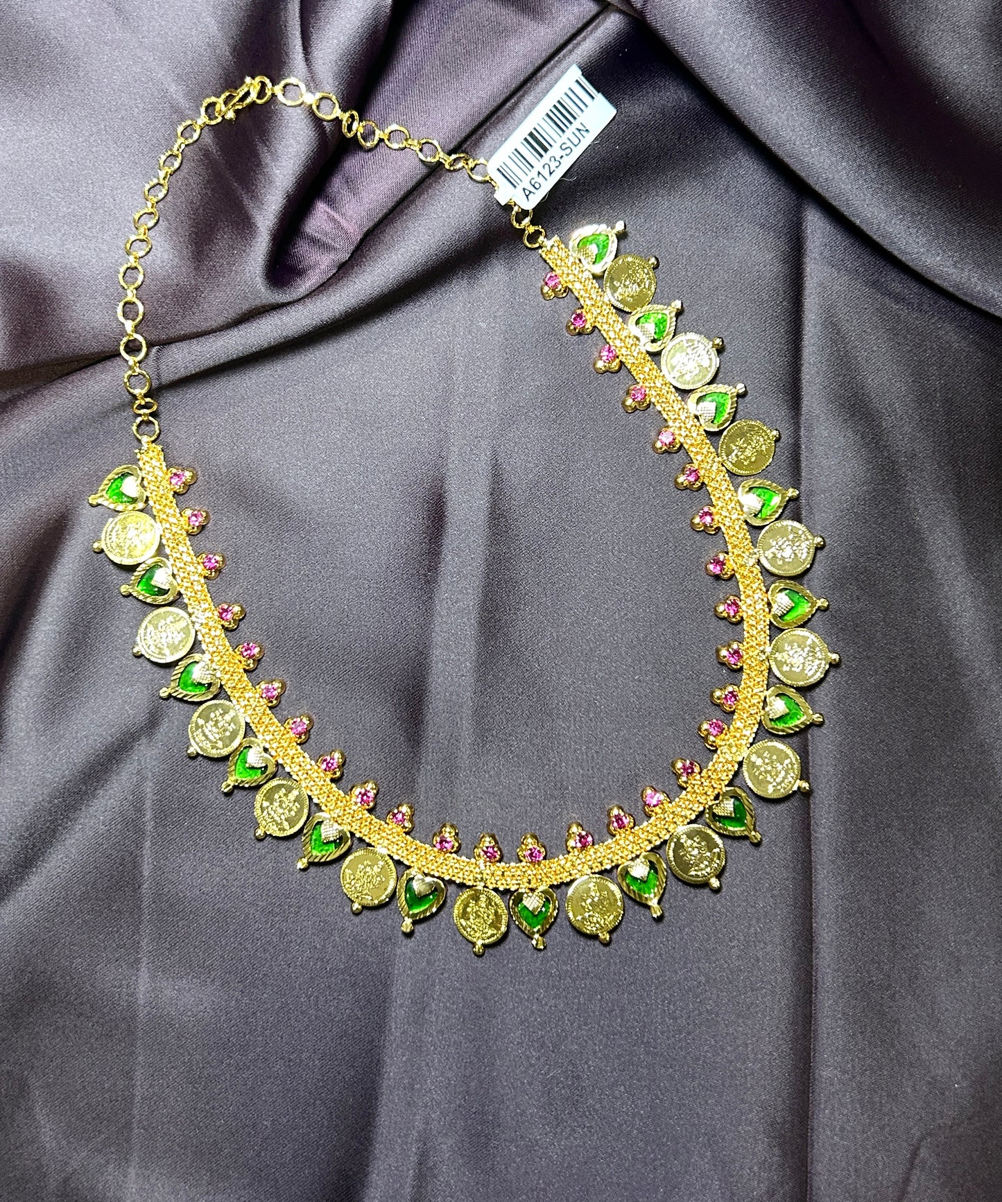 Coin Haar with Green & Pink Enamel Accents