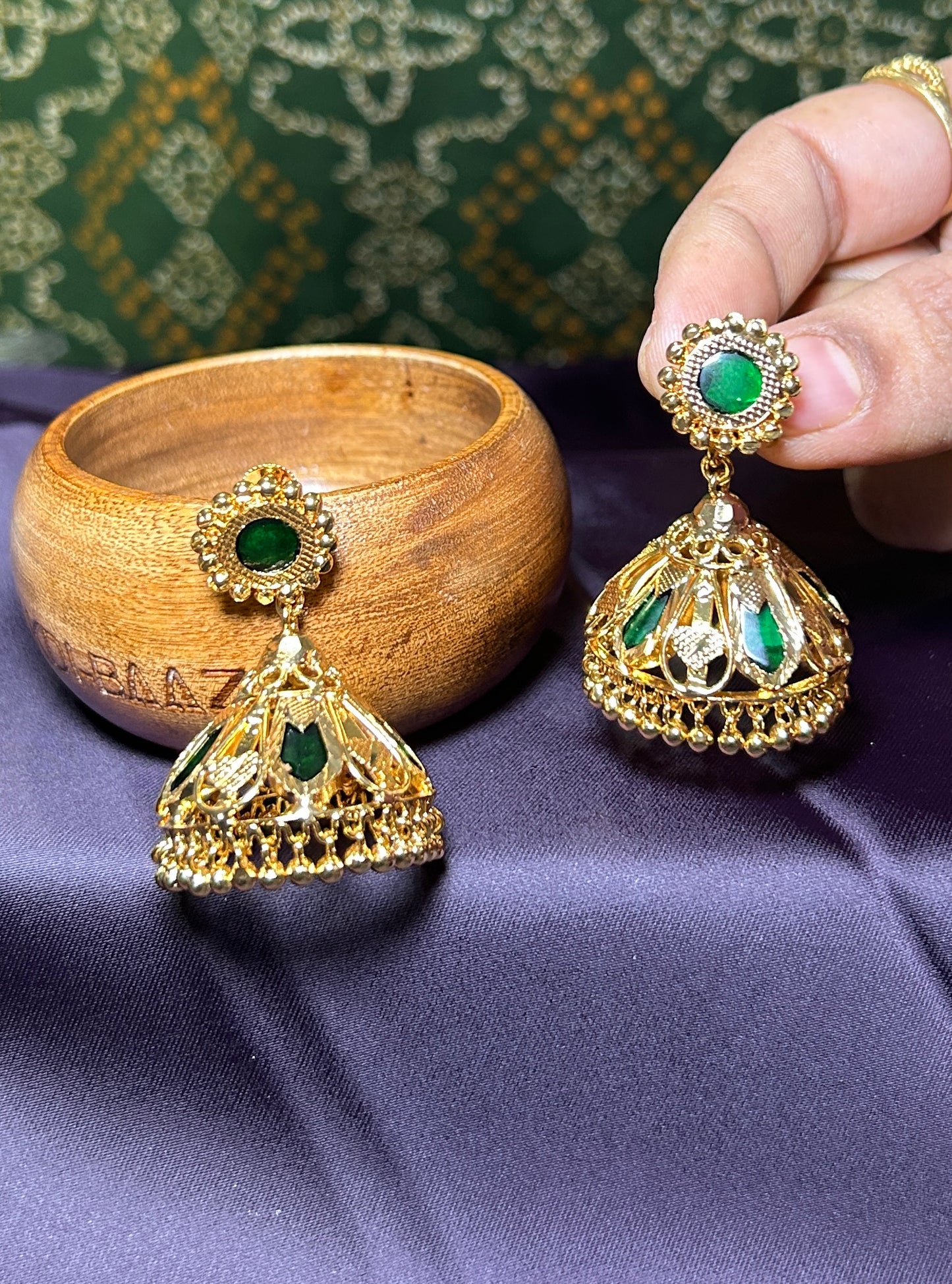 Green Stone Dome Jhumka Earrings