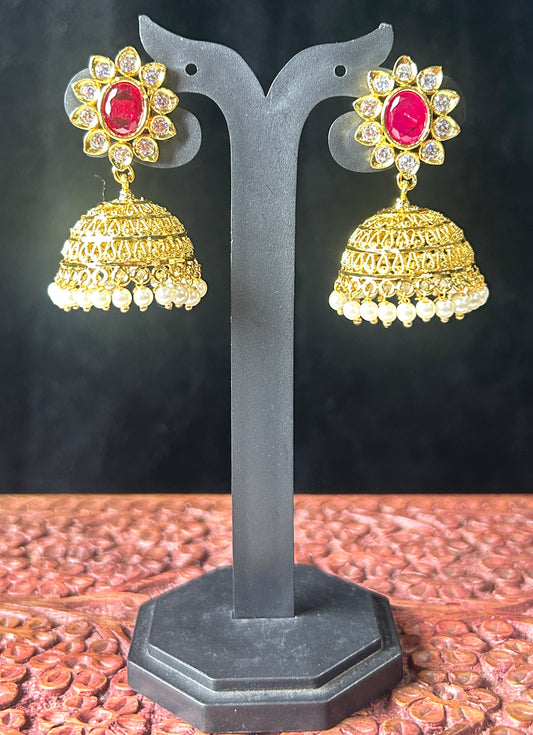 Floral Ruby Jhumkas with Pearl Drops