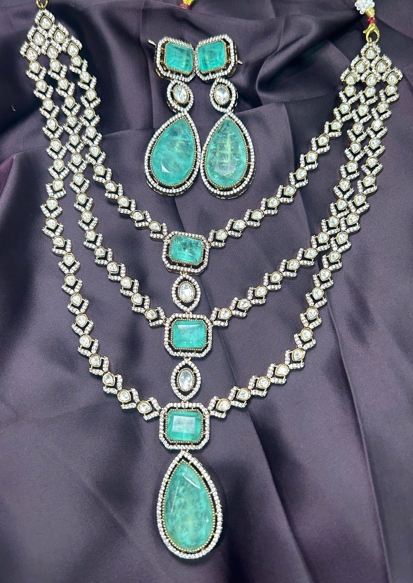 Emerald Green Stone Multi-Layer Necklace Set
