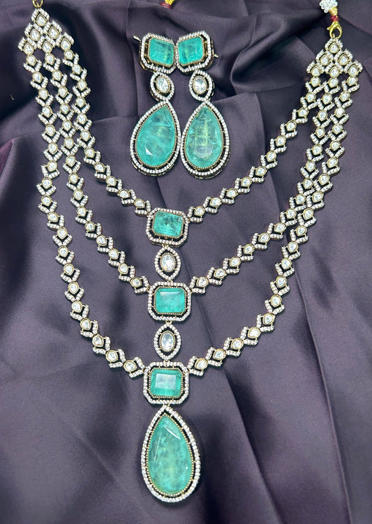 Emerald Green Stone Multi-Layer Necklace Set