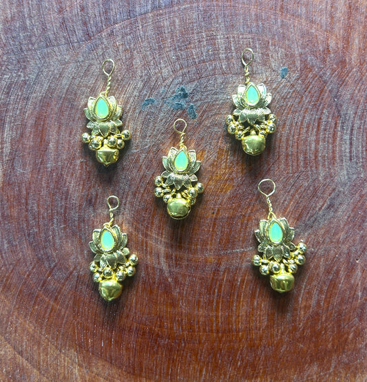 Golden Lotus Hair Accessory with Pastel Green Stone & Ghungroo