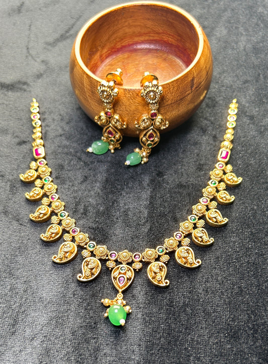 Peacock Paisley Temple Necklace Set – Antique Gold with Green Drops