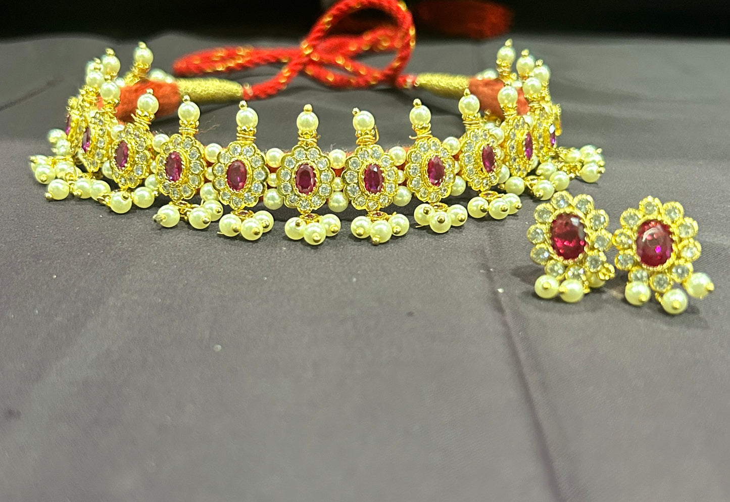 Pearl & Ruby Floral Choker Set