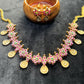 Floral Cluster Necklace Set with Lakshmi Drops – Pink & Green Stone Work