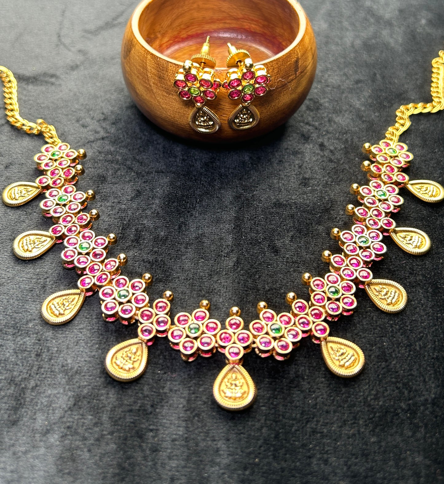 Floral Cluster Necklace Set with Lakshmi Drops – Pink & Green Stone Work