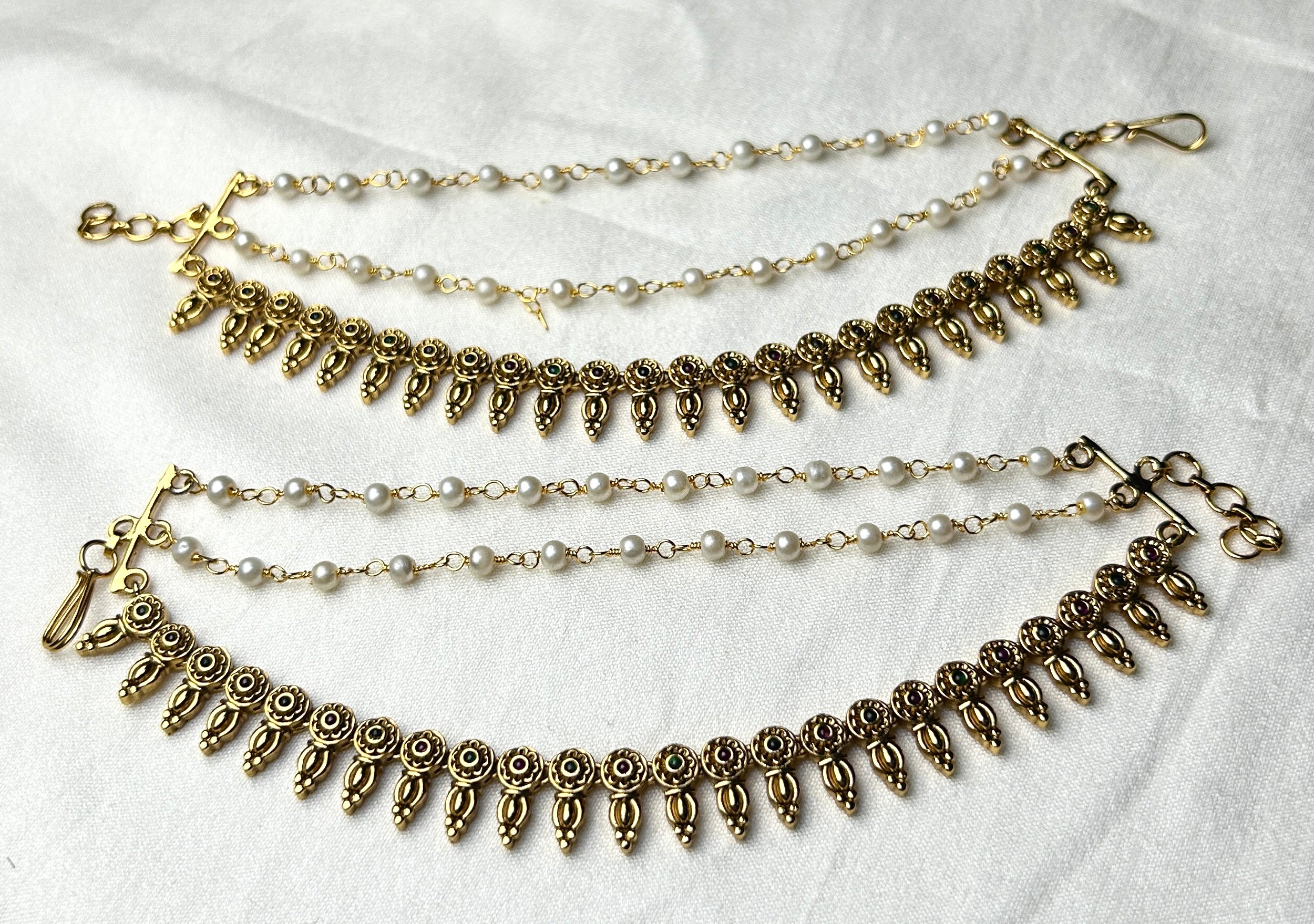 Traditional Pearl & Antique Gold Kana Ear Chain – Chandrakalm