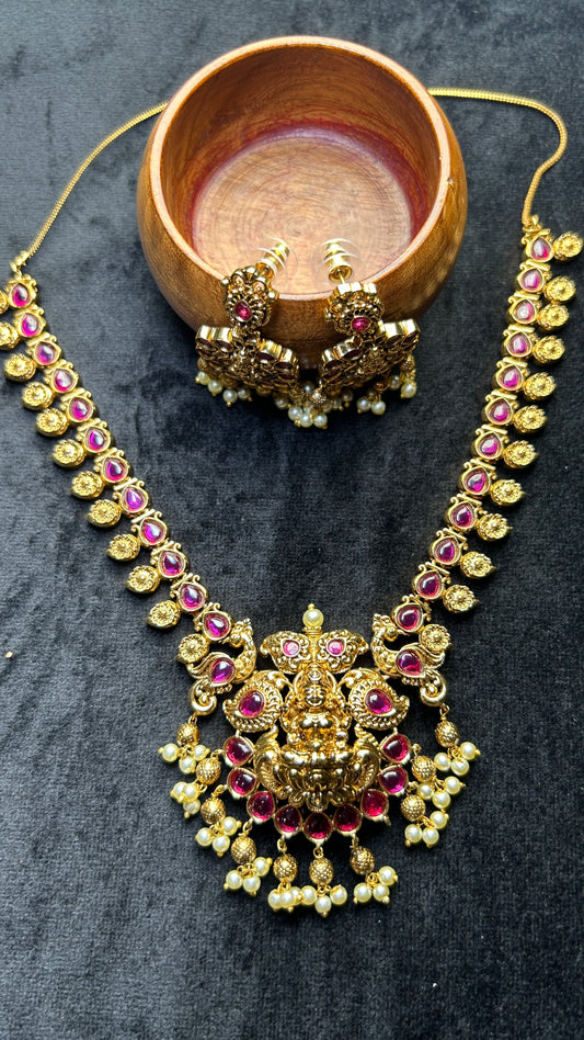 Goddess Lakshmi Temple Necklace Set – Ruby Pink & Pearl Finish