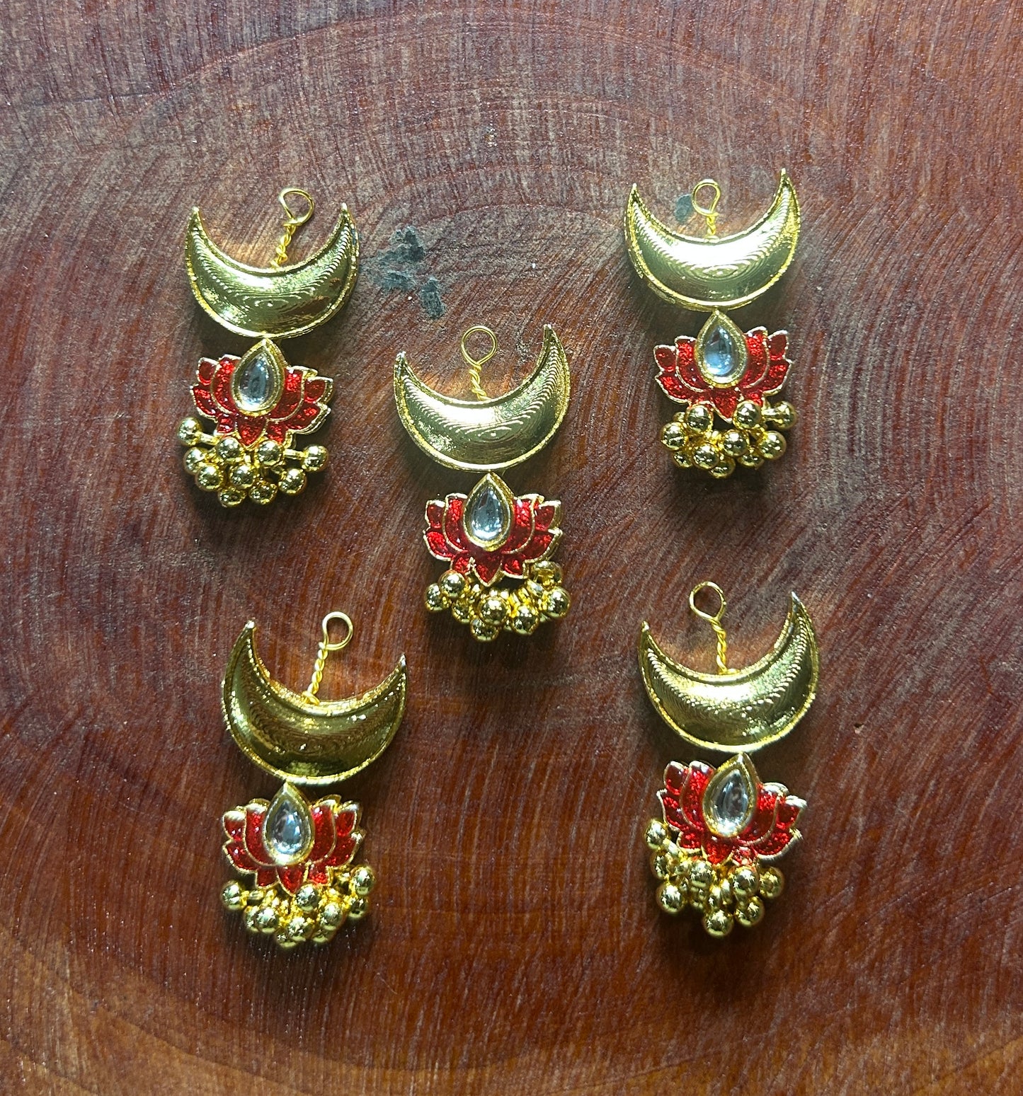 Red Lotus with Crescent Moon Hair Accessory – Kundan & Ghungroo Design