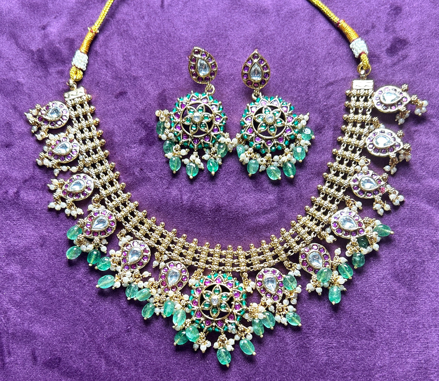 Kundan Mesh Choker Necklace Set with Green Drop Beads