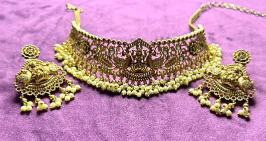 Antique Lakshmi Temple Choker Set with Pearl Drops