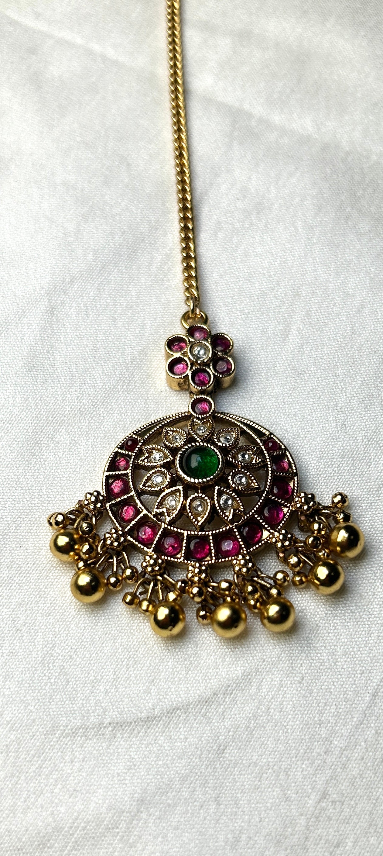 Floral Kundan Maang Tikka with Green Center & Golden Ghungroo