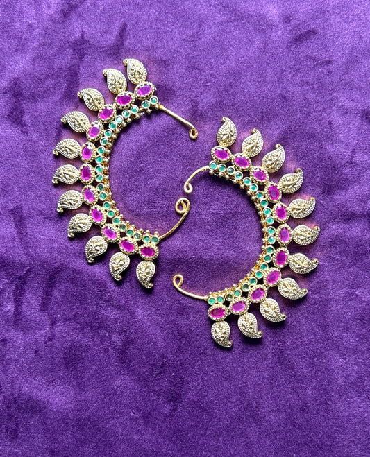 Traditional Crescent Shaped Bugadi (Back Ear Cuffs) with Pink & Green Stones