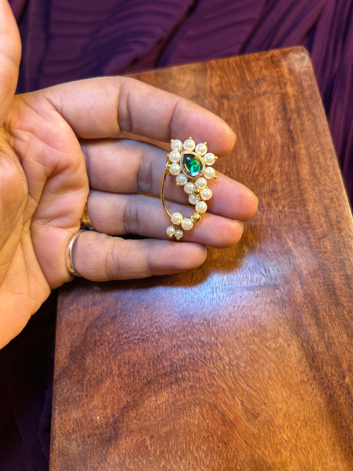 Swarovski Pearl Green Stone Nath – Maharashtrian Elegance