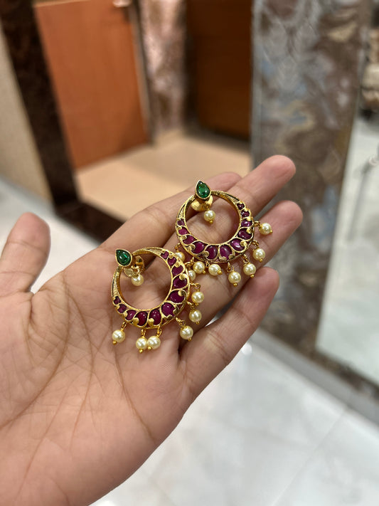 Ruby Pearl Chandbali Earrings with Emerald Stud