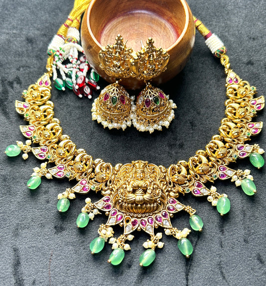 Temple Jewellery Necklace Set – Lakshmi Motif with Kemp & Emerald Drops