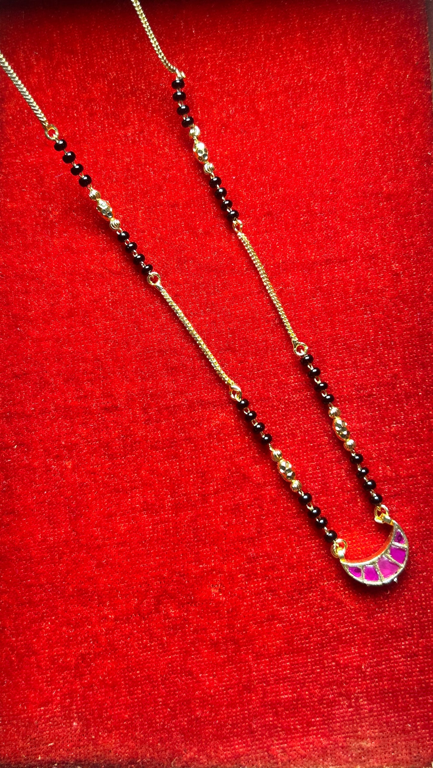 Short Mangalsutra with Pink Meena Crescent Pendant