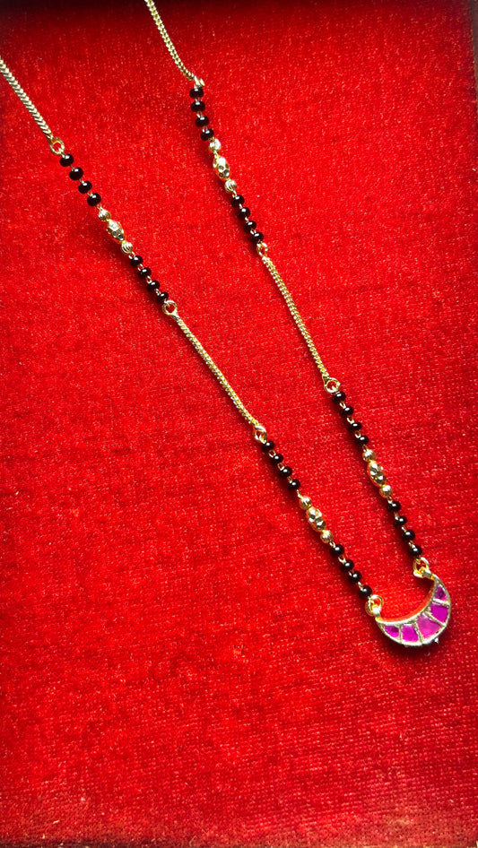 Short Mangalsutra with Pink Meena Crescent Pendant
