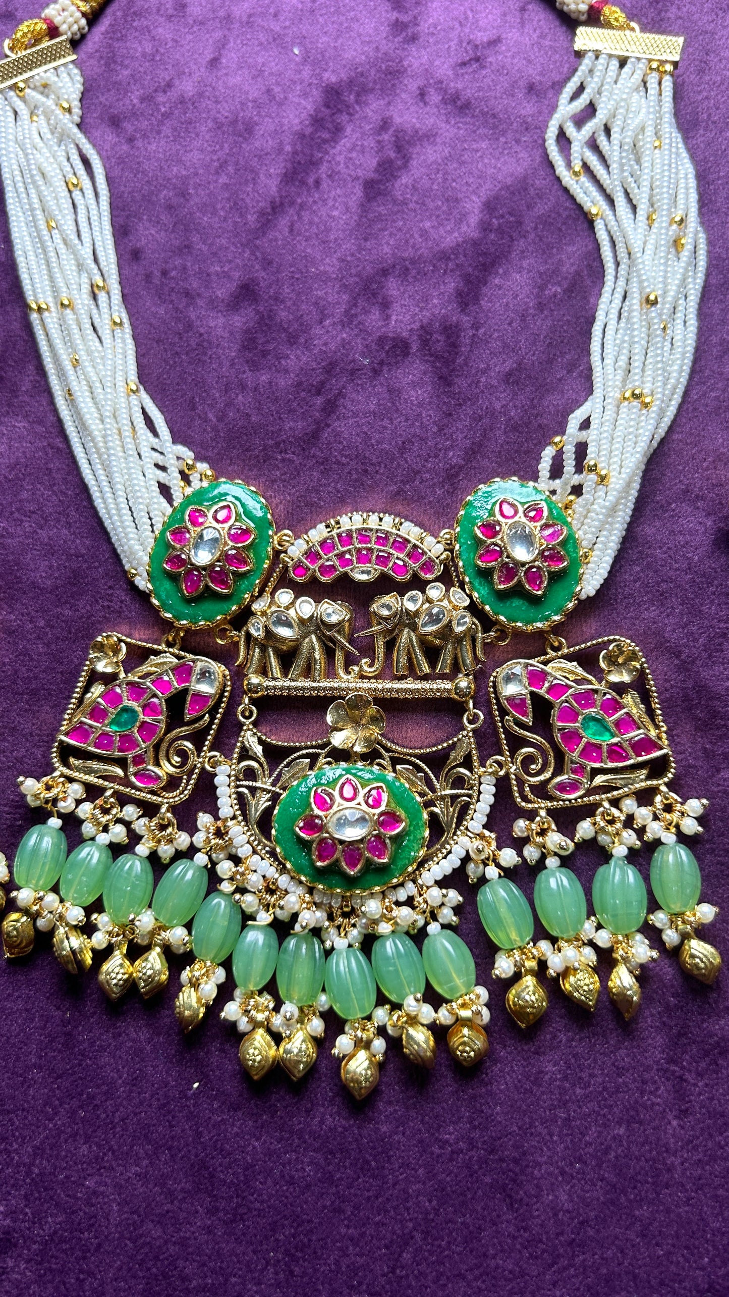 Royal Pachikundan Necklace Set with Elephant Motifs
