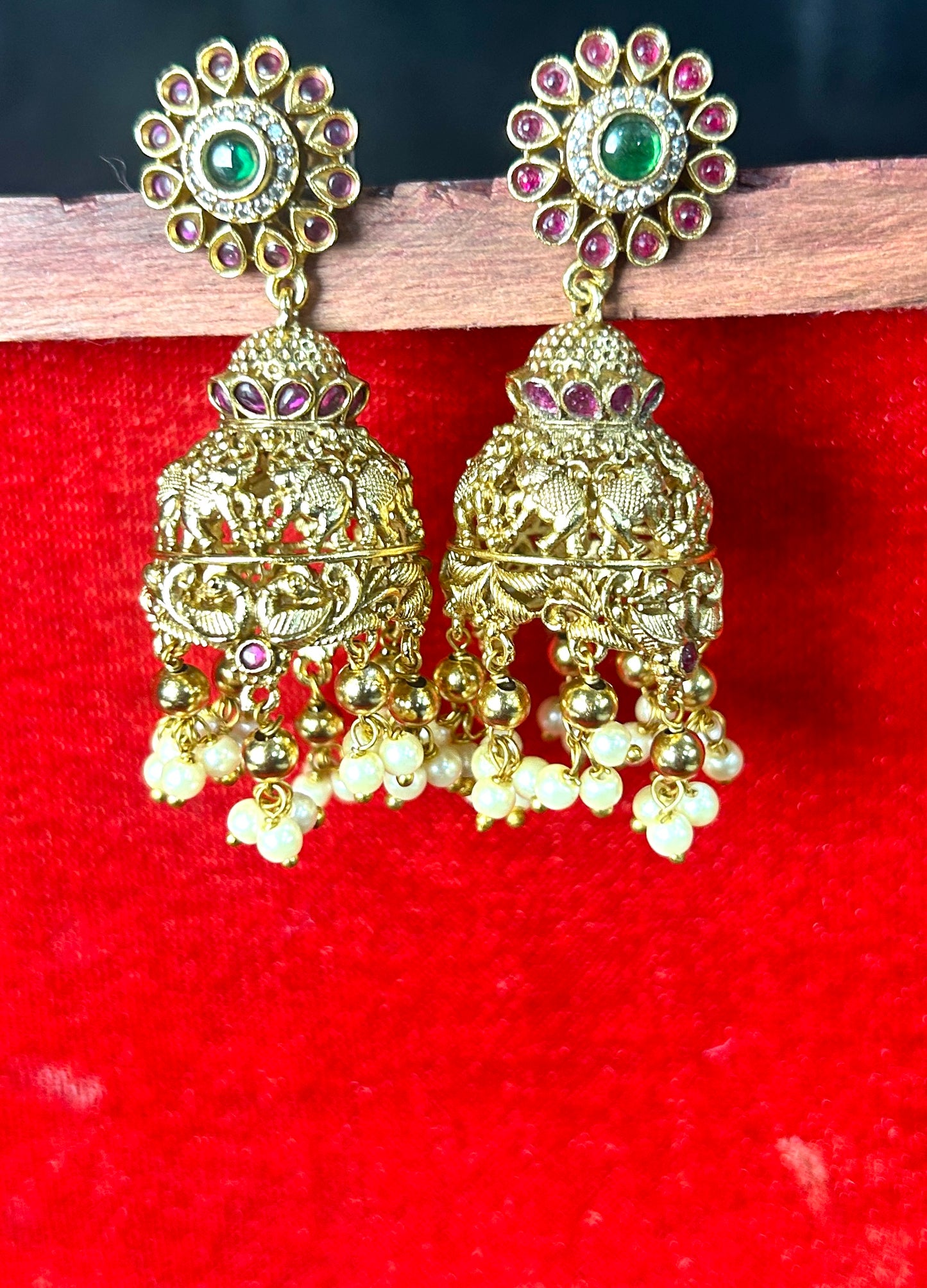 Peacock Motif Temple Jhumkas with Pearl Drops