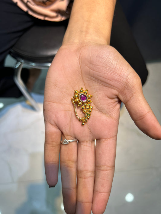 Gold Ball Cluster Maharashtrian Nath with Pink Stone