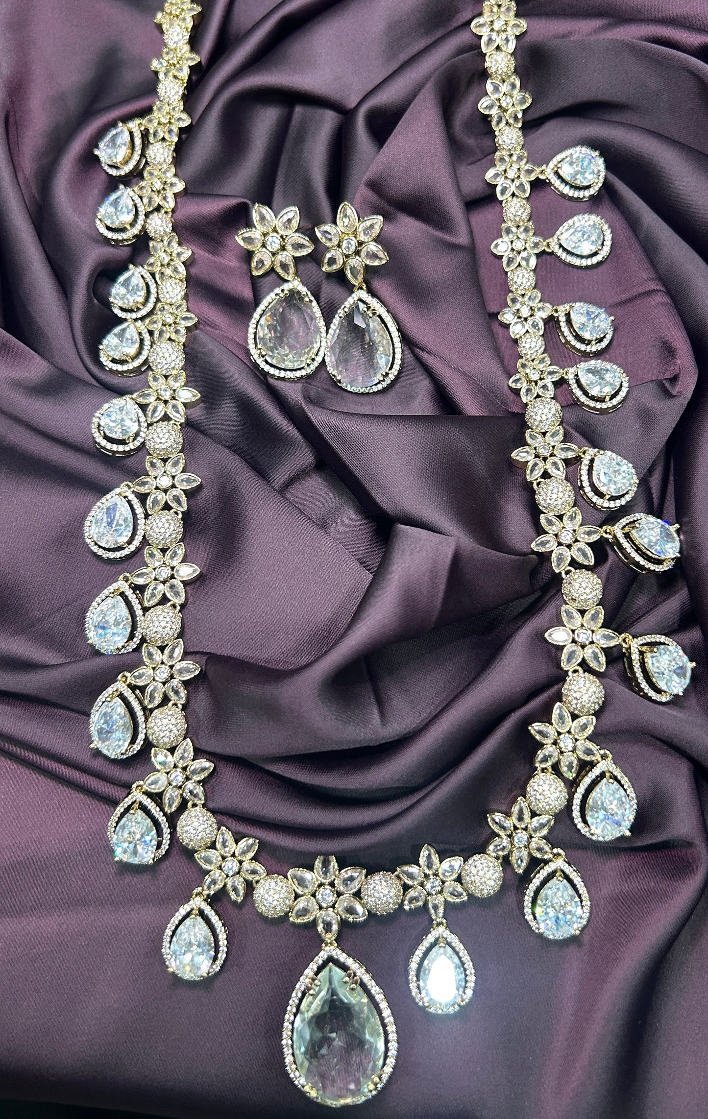 Crystal Teardrop Long Necklace Set