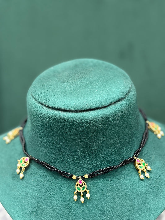 Green & Pink Stone Black Beaded Necklace with Pearl Drops