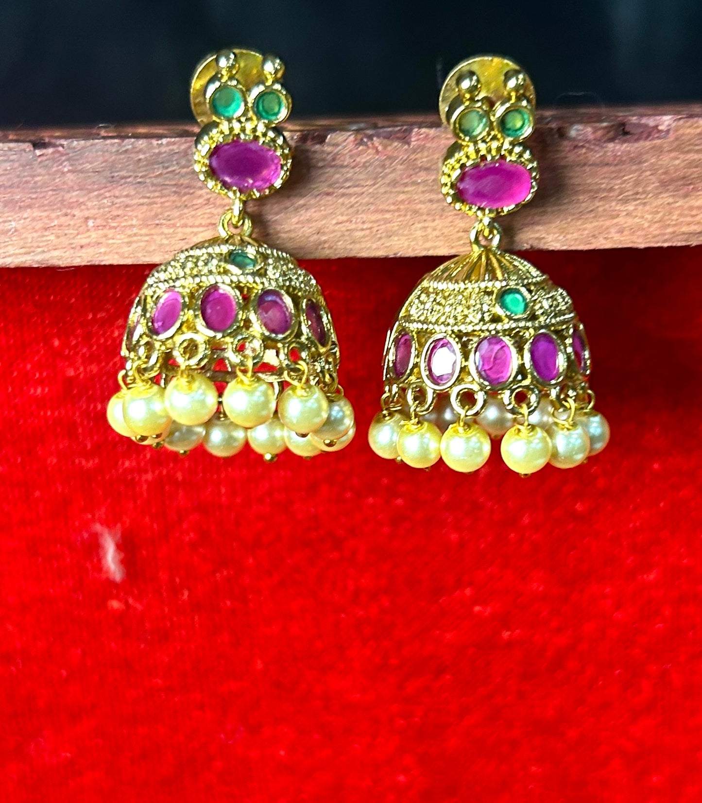 Ruby & Emerald Stone Jhumka Earrings with Pearls