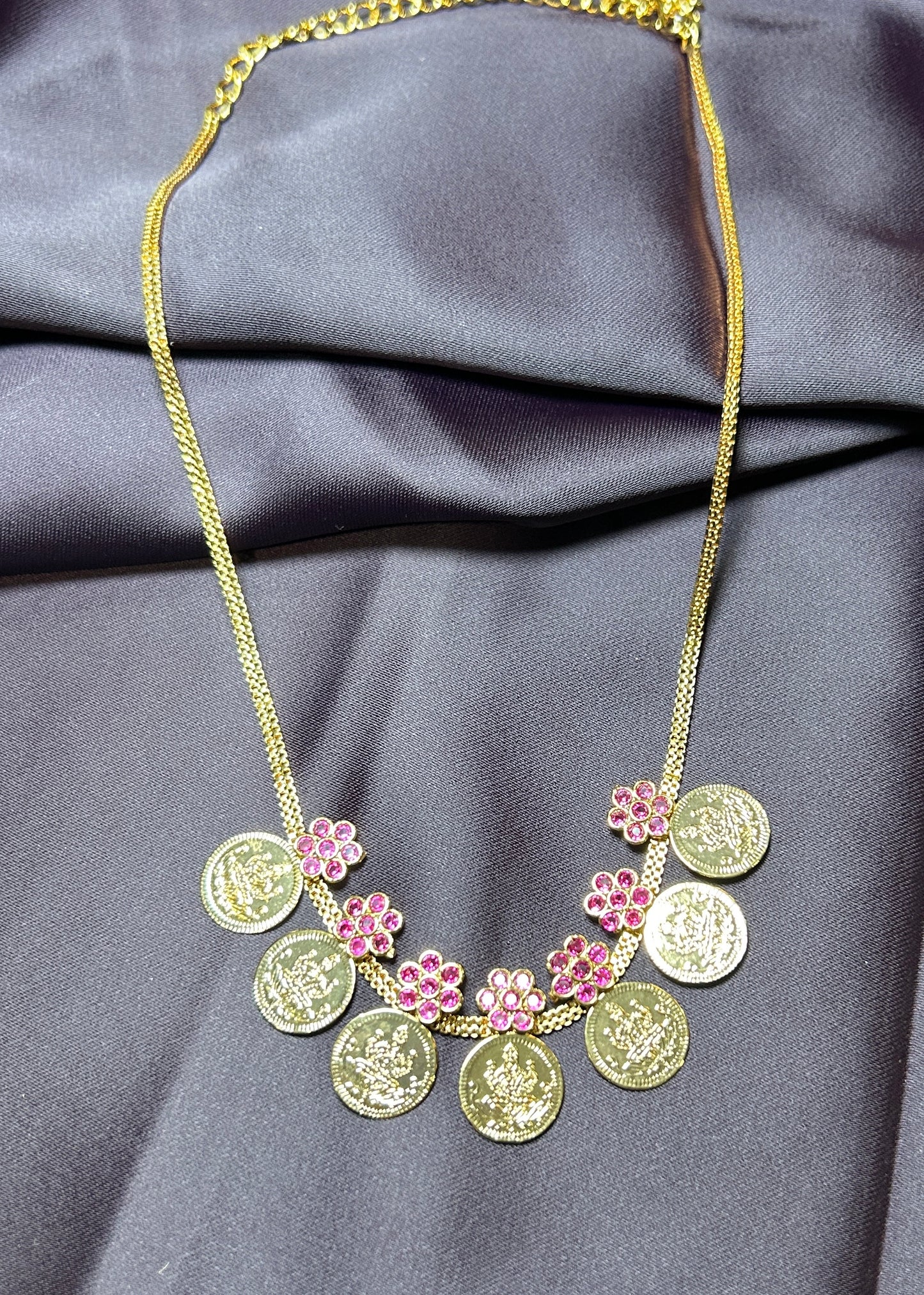 Lakshmi Coin Necklace with Pink Floral Accents