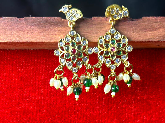 Peacock-Inspired Kundan Earrings with Bead Danglers