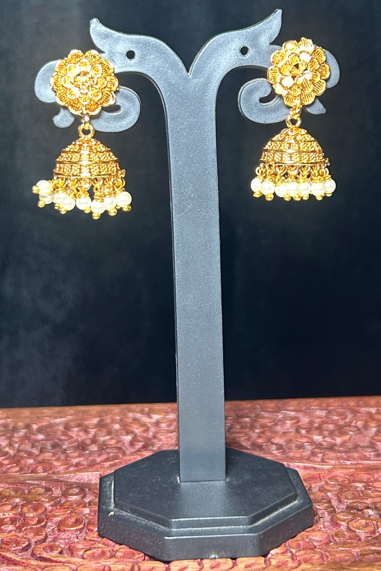 Floral Stud Jhumkas with Pearl Drops