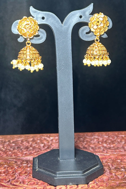Floral Stud Jhumkas with Pearl Drops