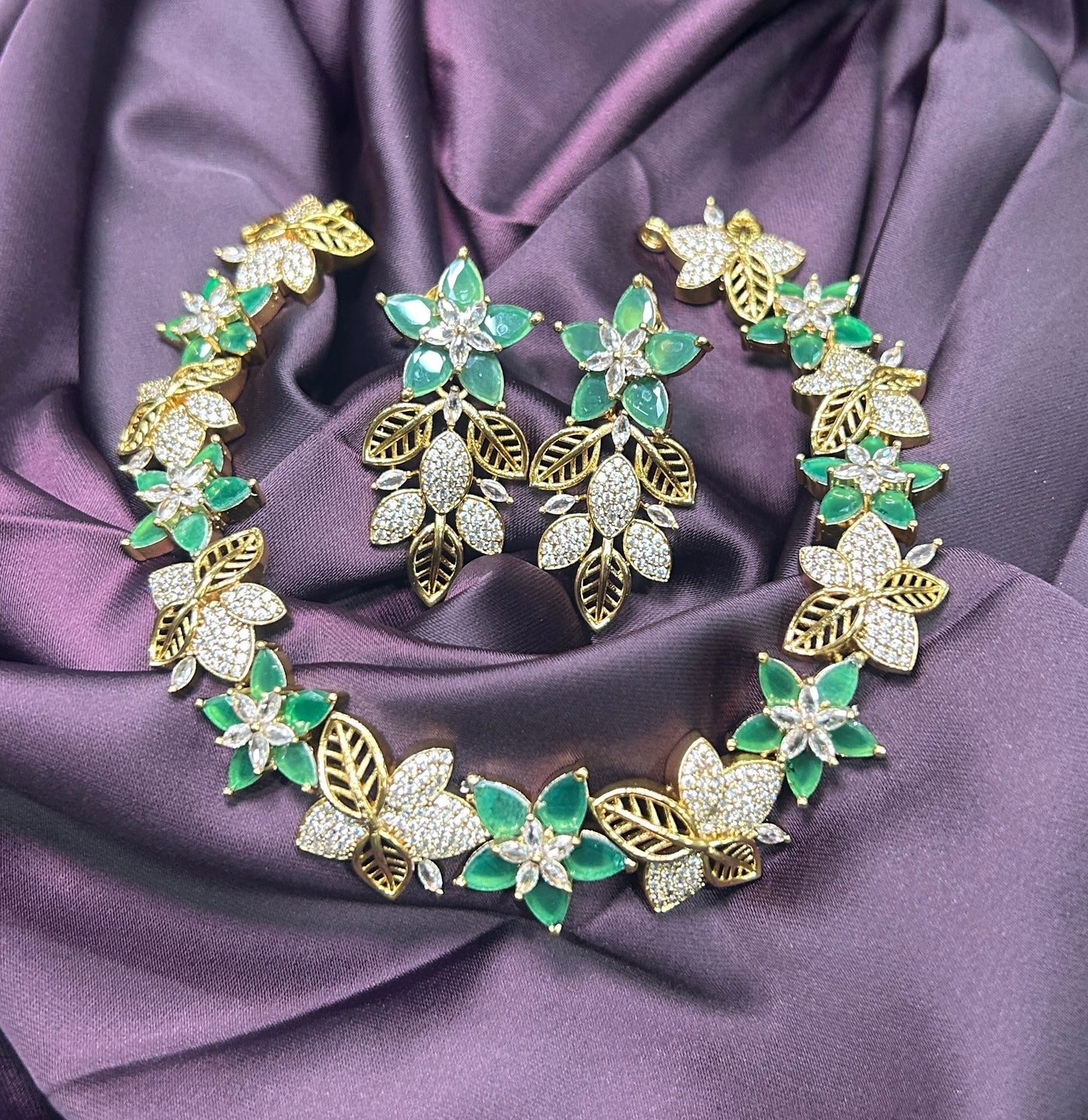 Floral Emerald & CZ Necklace Set