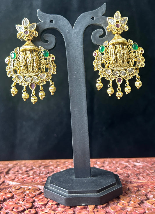 Temple Jewellery Earrings – Ram Darbar with Kundan & Antique Gold Finish
