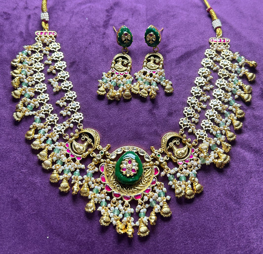 Antique Pachikundan Necklace Set with Twin Peacock Motifs