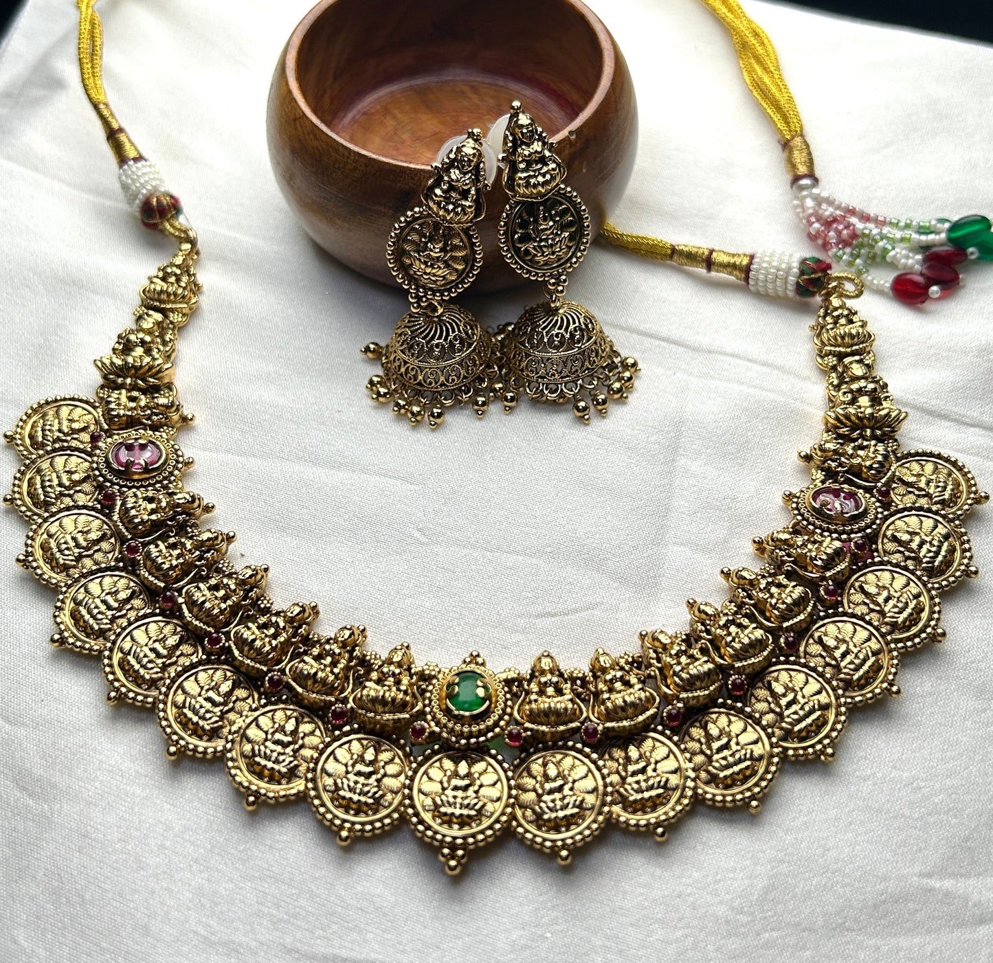Lakshmi Kasu Mala Necklace Set – With Antique Finish & Temple Jhumkas